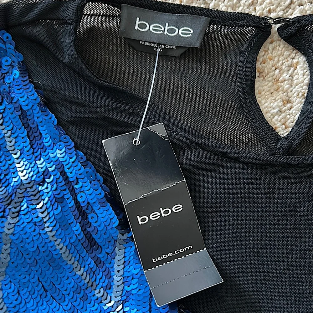 Bebe NWT Sexy Black/Blue Sequins Mesh Long Sleeve Dress **Size L**🔥🔥 - Picture 4 of 4